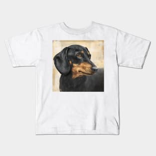 Painting of a Dachshund with Black and Gold Coat, on Beige Background Kids T-Shirt